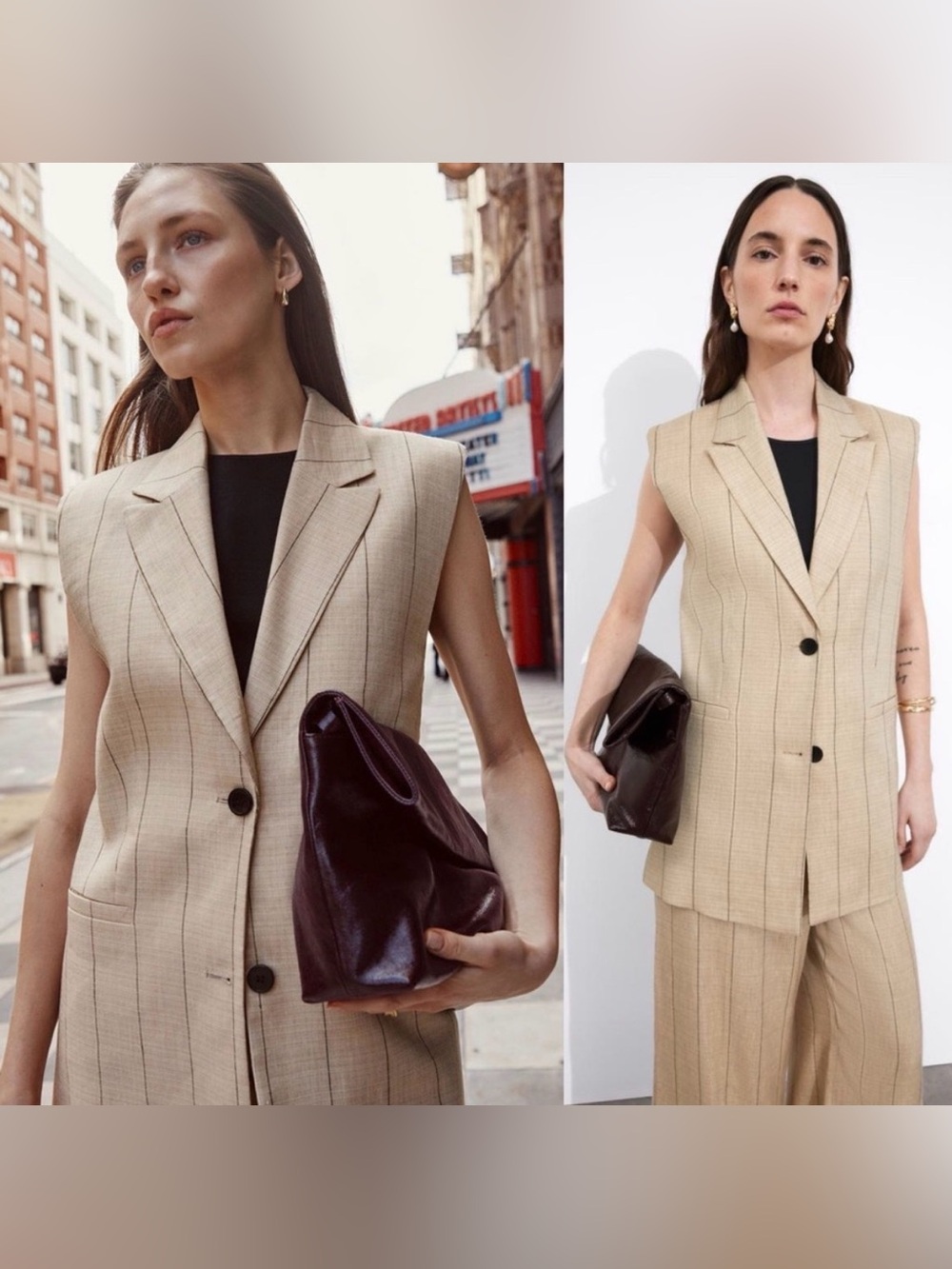 & Other Stories Linen-Blend Blazer Waistcoat Tan Pinstripe Tailored Vest Size 2